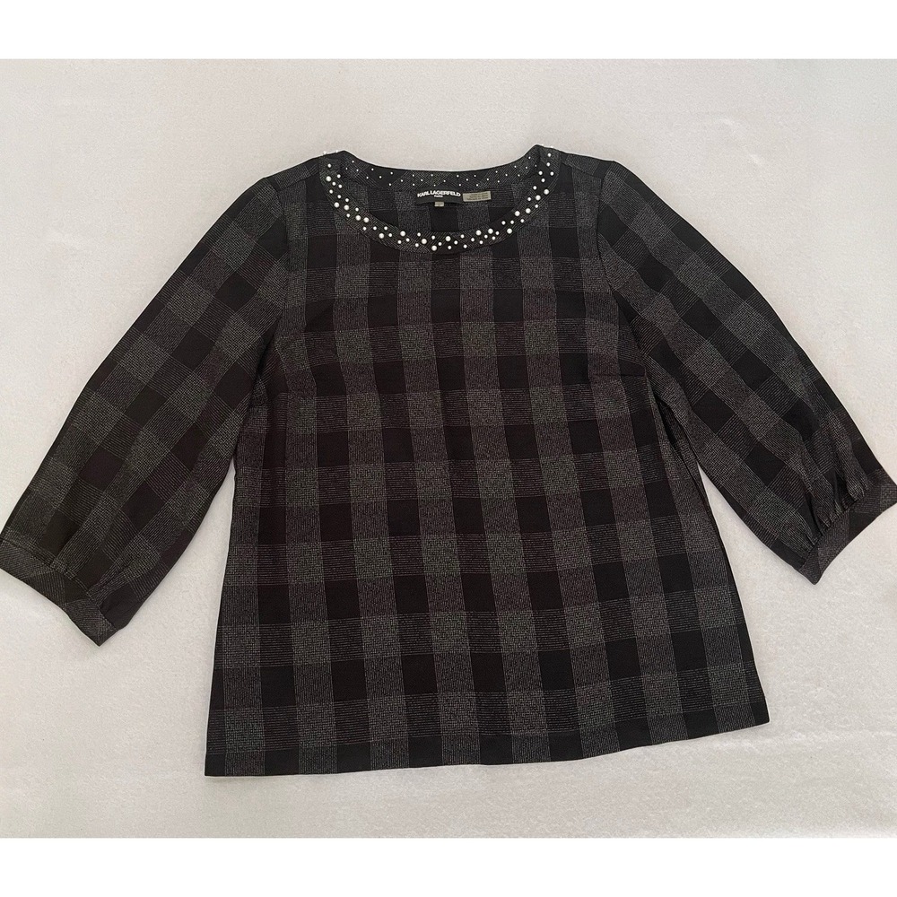 Karl Lagerfeld Paris Women's Medium Black Plaid Pearl Embellished Blouse Top